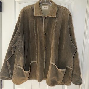 FLAX Corduroy Chore Or Barn Coat Button Down Collared Oversized In Olive Green